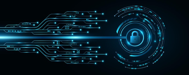 Antecedentes técnicos para desbloquear el sistema de interfaz de usuario Escaneo de bloqueo con círculo HUD digital y placa de circuitos de IA Seguridad de datos Botón de pantalla táctil para interfase de usuario Ilustración vectorial