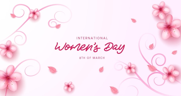 Antecedentes vectoriales del día internacional de la mujer. Texto del día de la mujer en un espacio vacío con flor de cerezo