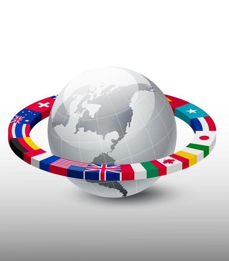 Vector antecedentes de viaje. globo con una tira de banderas.