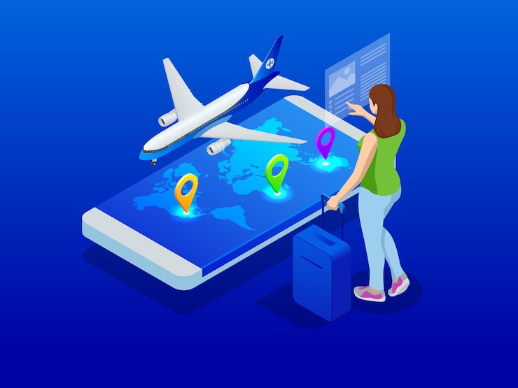 Vector antecedentes de viajes y turismo. compra o reserva de billetes online. viajes, vuelos de negocios a todo el mundo. ilustración vectorial isométrica plana.