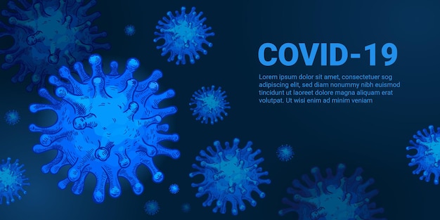 Antecedentes de virus. Covid-19, células de infección por coronavirus. Pandemia 2020 concepto de vector monocromo azul. Infección por virus médico, ilustración del brote epidémico de 2019-ncov