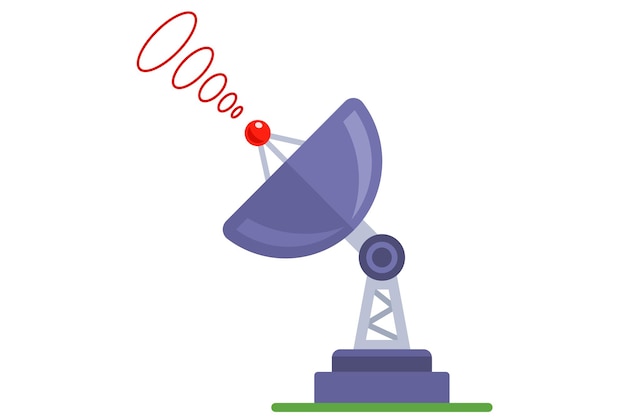 Antena parabólica sobre un fondo blanco que recibe o emite una señal. ilustración vectorial plana.