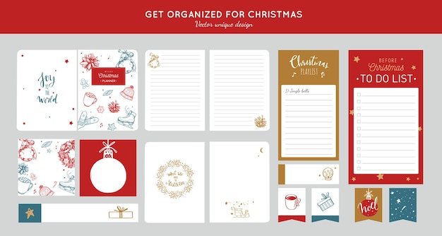 Antes de feliz Navidad organizador, planificador, diario con ilustraciones dibujadas a mano y caligrafía manuscrita.