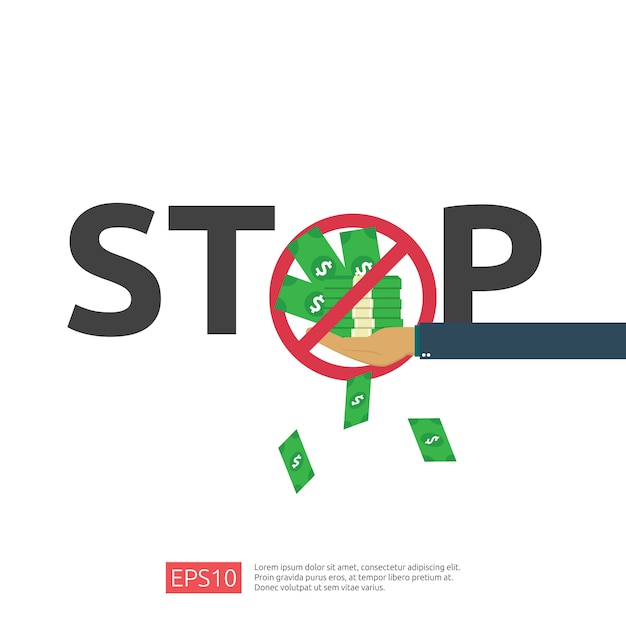 Anticorrupción, Stop y concepto de declive corrupto. Soborno de negocios con dinero en un sobre y señal de advertencia de prohibición. Ilustración en estilo plano para banner, fondo y presentación