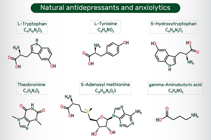Vector antidepresivos naturales y moléculas ansiolíticas ilustración científica del vector