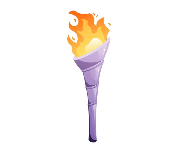 Antiga metal plata antorcha medieval con fuego ardiente elemento de dibujos animados para juego de PC antorcha en llamas o iluminación flambeau ilustración aislada vectorial