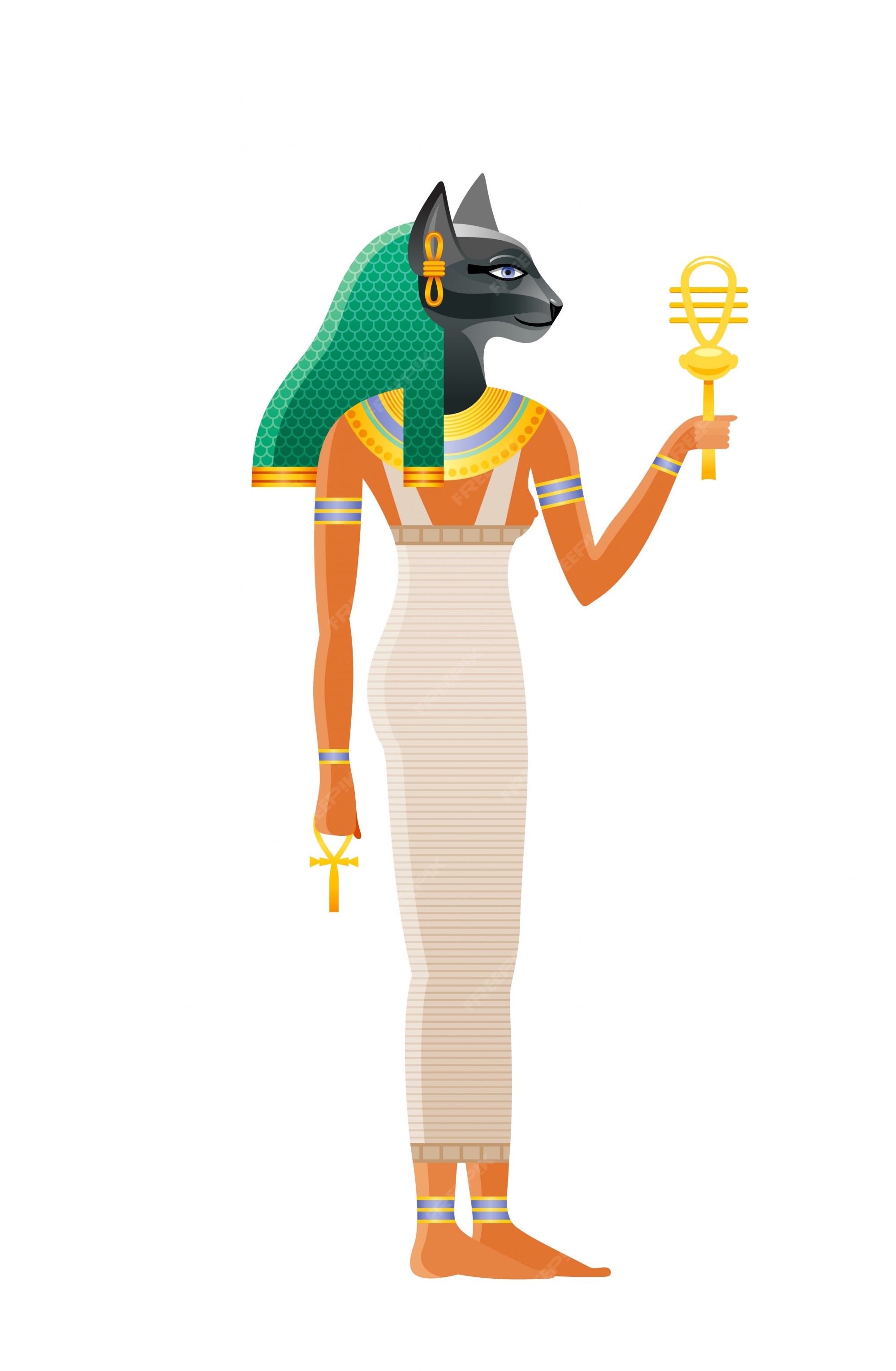 La antigua diosa egipcia bastet. deidad con cabeza de gato. ilustración de  dibujos animados en el viejo estilo de arte. | Vector Premium