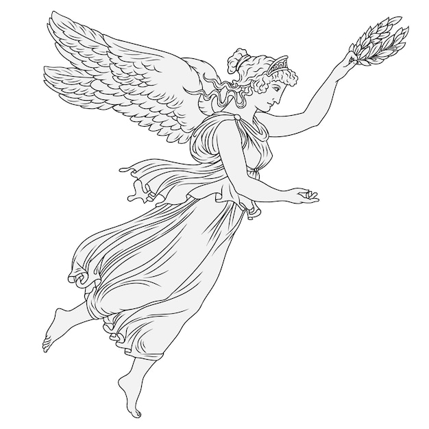 La antigua diosa griega en una túnica con alas y una corona de laurel en sus manos vuela