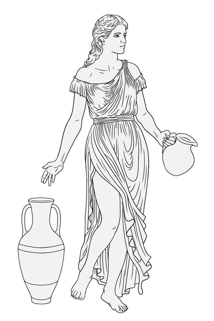 Vector antigua diosa griega en túnica con una jarra para vino y agua figura aislada en bg blanco