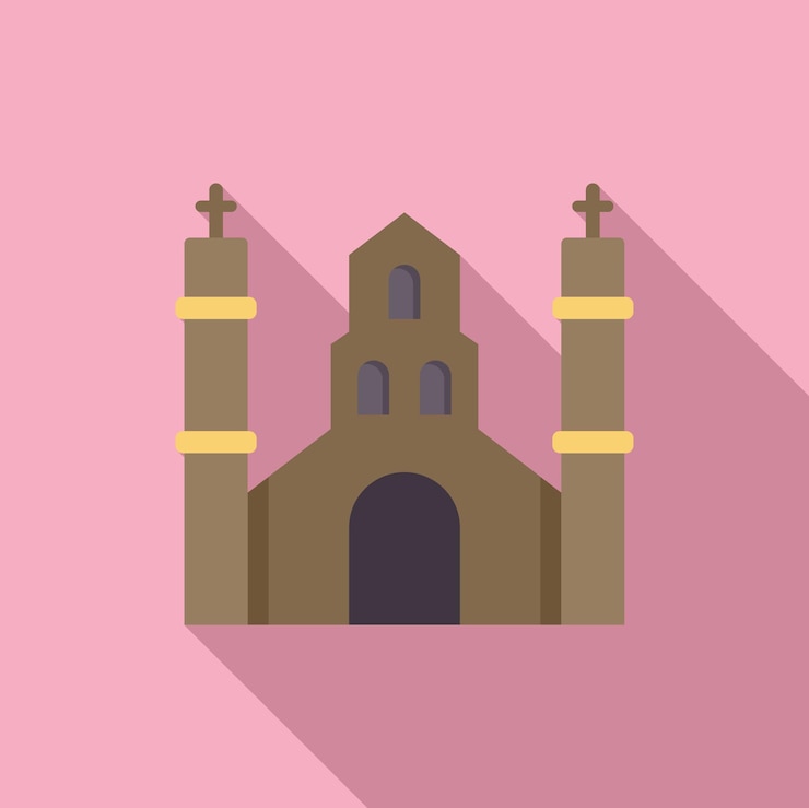 Vector antigua fachada del edificio de la iglesia católica con ilustración de torres