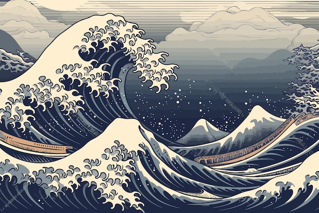 Una antigua gran ola japonesa ilustración Estilo japonés minimalista oriental tradicional Ilustración vectorial