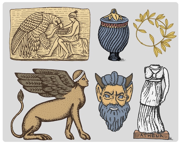 Antigua Grecia, símbolos antiguos Ganímedes y anfora de águila, jarrón, estatua de atenea y máscara de sátiro vintage, grabado a mano dibujado en boceto o estilo de corte de madera, antiguo aspecto retro, aislado.