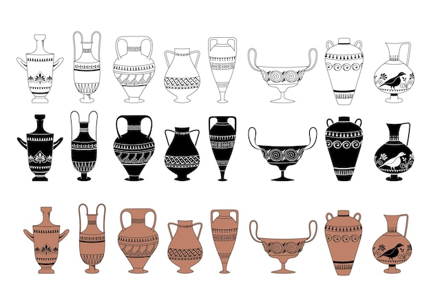 Vector antigua grecia vasos negros blancos y de terracota antigua grecia vasos conjunto vectorial