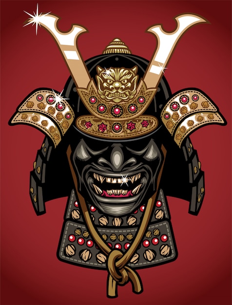 Antigua ilustración de estilo detallado del casco de samurai