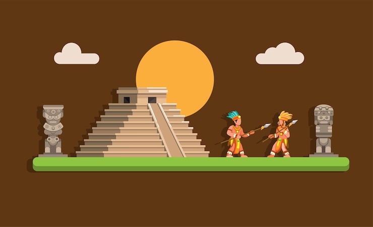 Vector antigua pirámide maya azteca con guerrero