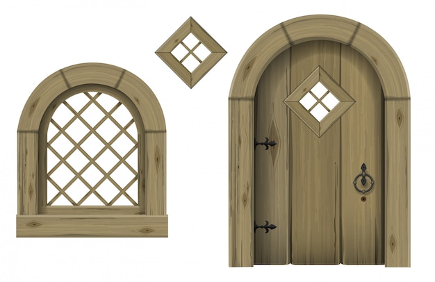 Vector antigua puerta y ventana arqueada de madera