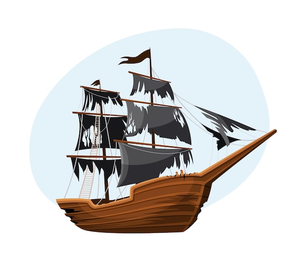 Antiguo adhesivo de barco pirata Buque náutico con bandera negra desgarrada Aventura y criminal en el mar o el océano Cartel o bandera Ilustración vectorial plana de dibujos animados aislada sobre fondo blanco