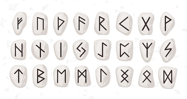 Antiguo alfabeto rúnico o jeroglíficos tallados en piedras vector ilustración plana. Conjunto de runas escandinavas o anglosajonas aisladas. Antiguos símbolos sacros, letras vikingas, fuente de runas o guión.