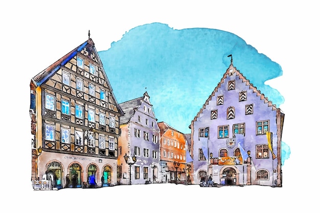 Antiguo ayuntamiento Alemania acuarela dibujado a mano ilustración aislada sobre fondo blanco