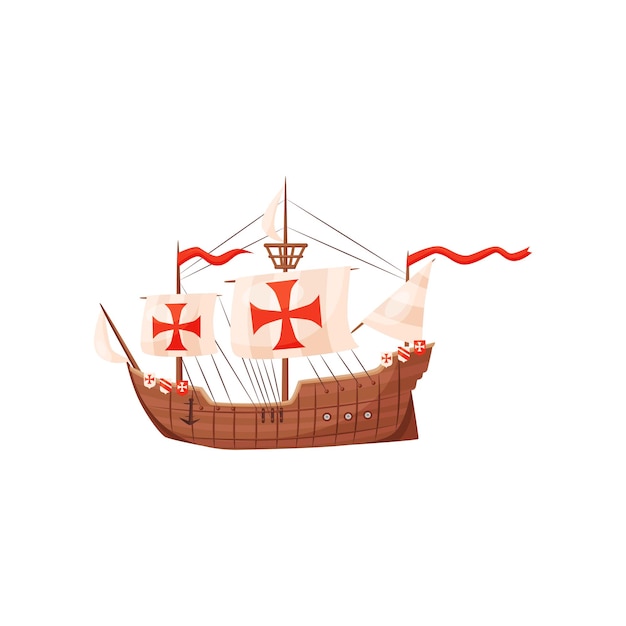 Antiguo barco de madera con escudos y velas con cruces rojas símbolo de los Caballeros Templarios Buque náutico transporte acuático medieval Elemento gráfico para libro o cartel Ilustración vectorial plana aislada