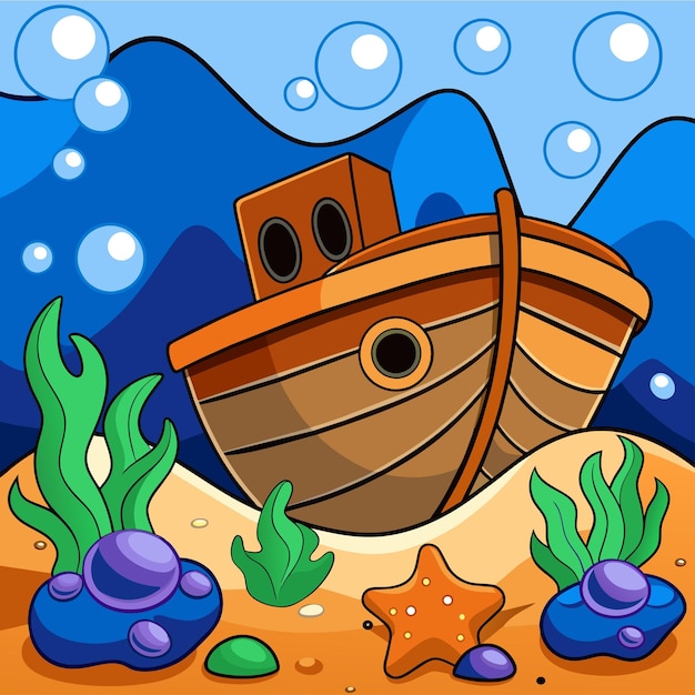 Antiguo barco roto bajo el mar dibujado a mano personaje de dibujos animados pegatina icono concepto ilustración aislada