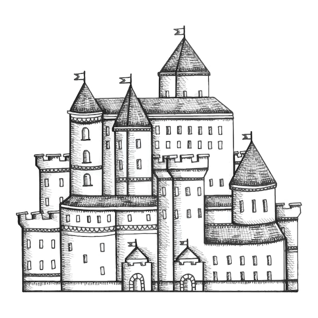 Antiguo castillo de piedra con torres dibujo ilustración vectorial