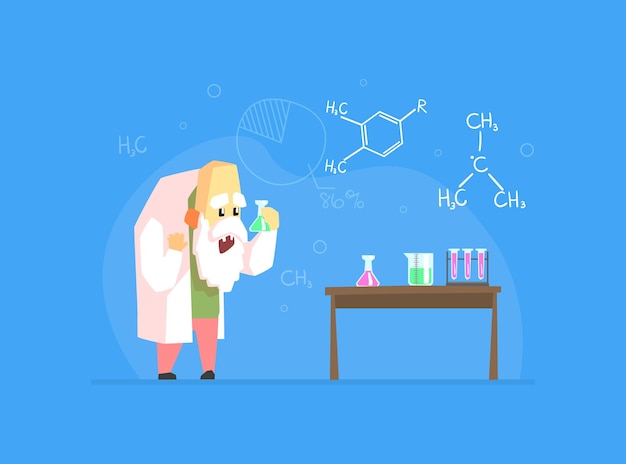 Antiguo científico personaje profesor de química experimentando o haciendo ilustración vectorial de descubrimiento
