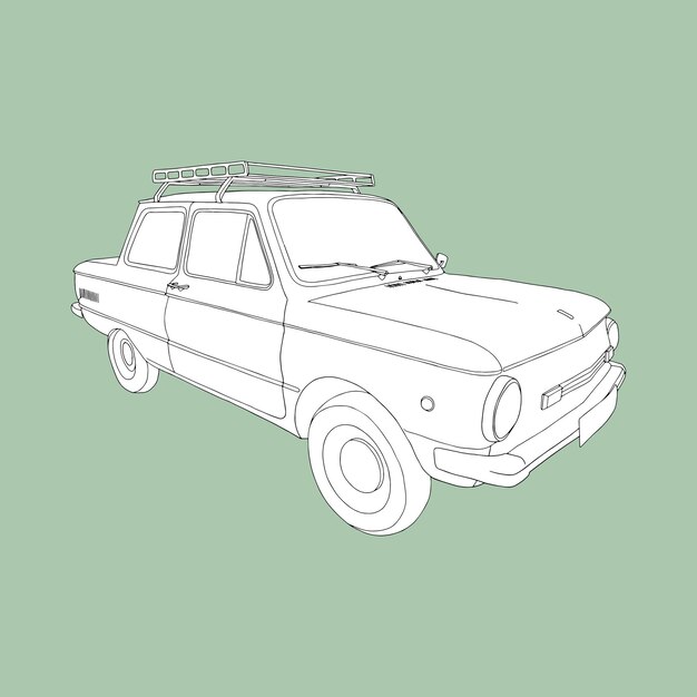 Vector antiguo coche de estilo soviético (zaporozh). ilustración retro en blanco y negro sobre un fondo verde.