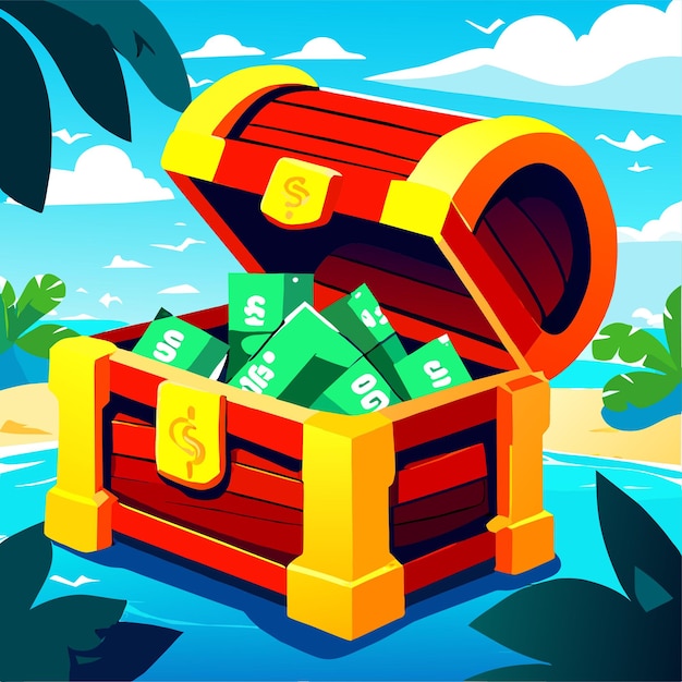 Vector antiguo cofre del tesoro con dinero en el fondo del mar ilustración vectorial