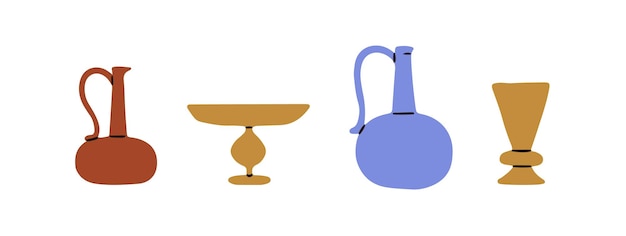 Antiguo conjunto de cerámica antigua copa de jarro de jarro vintage colección de cerámica histórica vasos antiguos tradicionales vaso de vaso de vela ilustraciones vectoriales planas aisladas sobre fondo blanco
