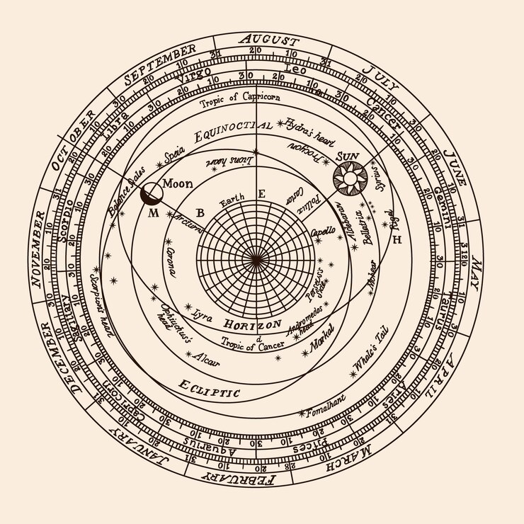 Vector un antiguo diagrama de las estaciones, los signos del zodiaco y los cuerpos celestes del sistema solar