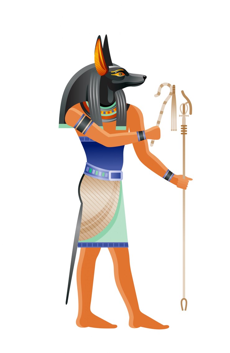 Vector antiguo dios egipcio anubis. deidad con cabeza canina. ilustración de dibujos animados en el viejo estilo de arte.