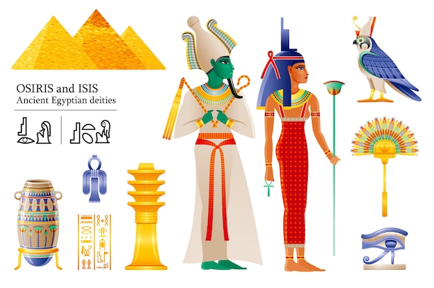 Vector antiguo dios egipcio faraón osiris diosa isis conjunto de iconos. abanico, jarrón, pilar djed, nudo, halcón deity horus, wadjet.