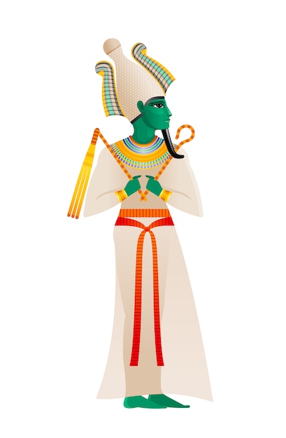 Antiguo dios egipcio. Osiris Deity, señor de muertos y renacimientos con corona de atef y piel verde. Ilustración de dibujos animados en el viejo estilo de arte.