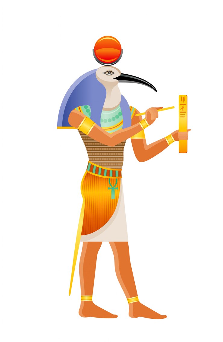 Vector antiguo dios egipcio thoth. deidad con cabeza de ibis. ilustración de dibujos animados en el viejo estilo de arte.