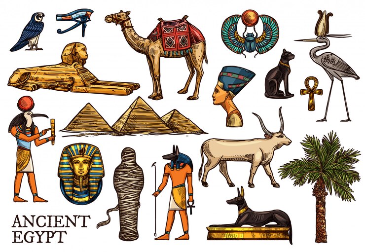 Vector antiguo egipto religión dios, pirámide del faraón, momia