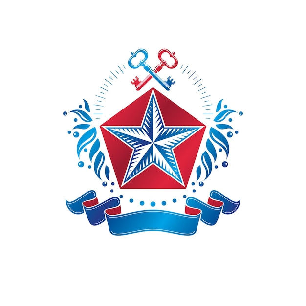 Antiguo emblema de estrella pentagonal decorado con llaves y adornos florales, tema de seguridad. elemento de diseño vectorial heráldico, símbolo de guardia. etiqueta de estilo retro, logotipo heráldico.