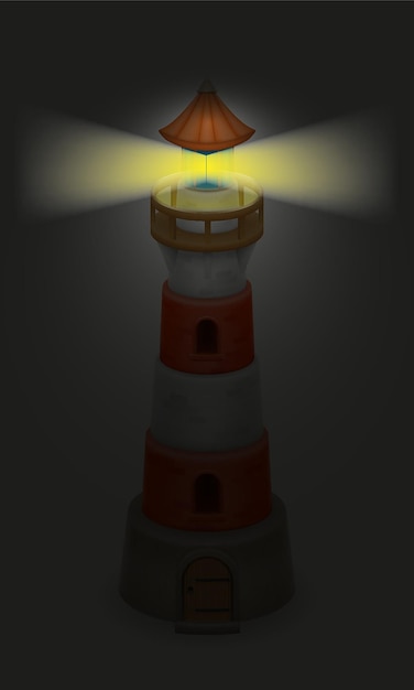 Antiguo faro de piedra para señalar barcos en la ilustración de vector de noche