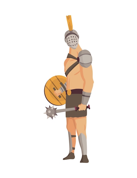 Antiguo gladiador de roma Vector personaje de guerrero romano en armadura con maza y escudo Ilustración plana en estilo de dibujos animados Hombre militante listo para la batalla