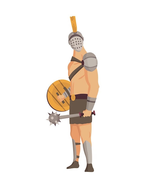 Vector antiguo gladiador de roma vector personaje de guerrero romano en armadura con maza y escudo ilustración plana en estilo de dibujos animados hombre militante listo para la batalla