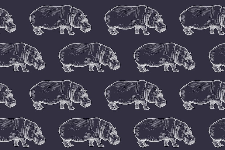 Vector antiguo grabado hipopótamo. ilustración de vector de patrones sin fisuras. en blanco y negro. animales africanos.
