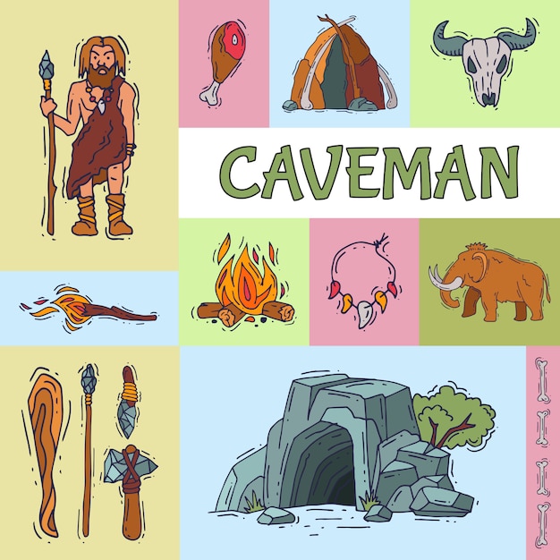 Antiguo hombre de las cavernas, su cueva y herramientas para la caza.