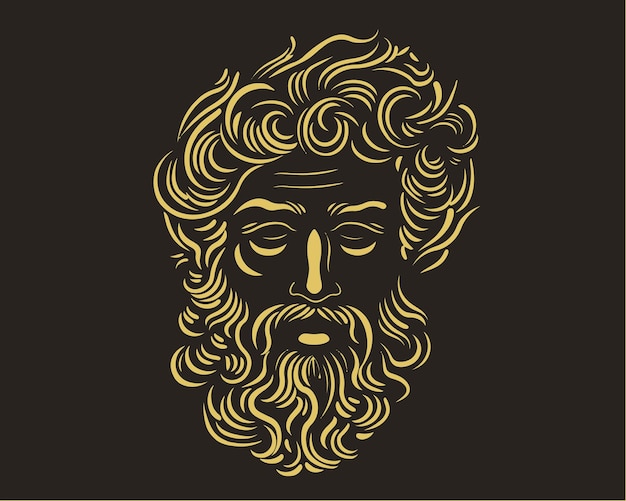 Un antiguo hombre griego dorado con cabello rizado y barba.