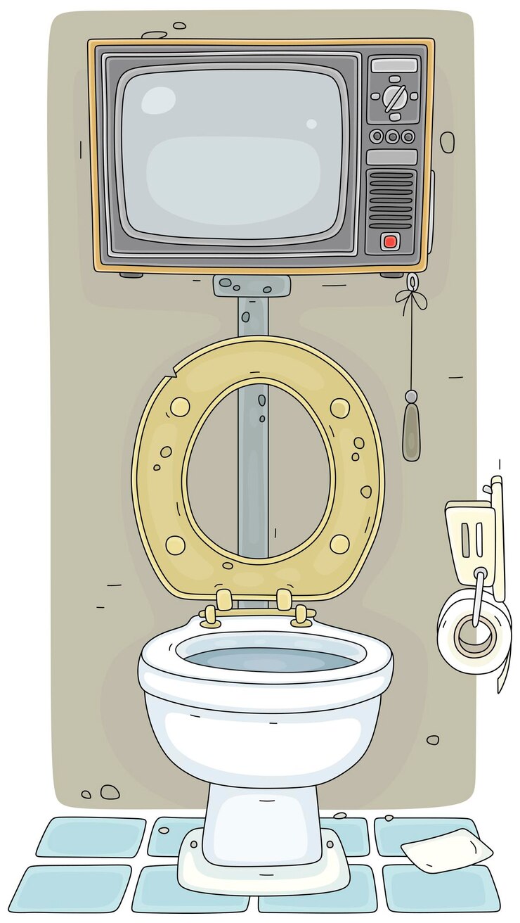 Vector antiguo inodoro con una caja de tv anticuada en lugar de una cisterna de descarga