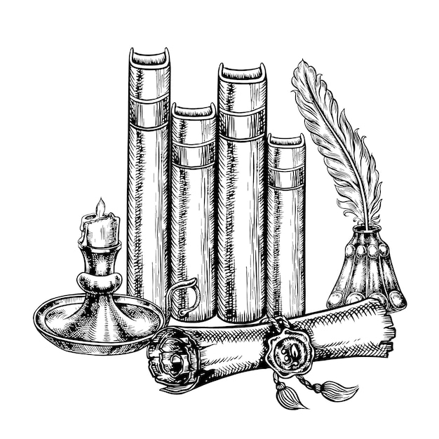 Un antiguo manuscrito gráficos vectoriales en blanco y negro con imágenes de libros pergaminos velas