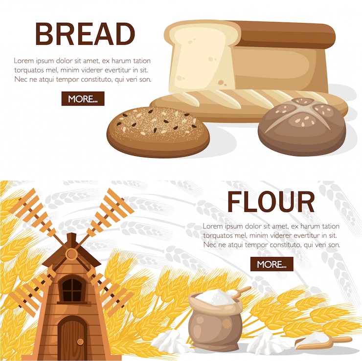 Vector antiguo molino de viento clásico con bolsa de harina. pan de trigo, baguette francés, ciabatta, pan tostado. diseño de concepto para panadería. diseño para web o publicidad