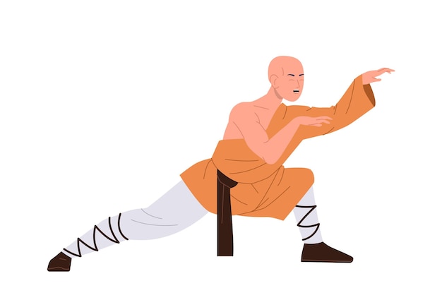 Vector antiguo monje musculoso de shaolin de pie en posición de lucha de kung fu aislado sobre un fondo blanco