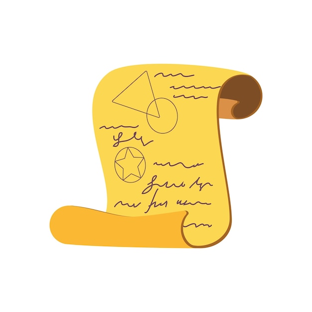 Antiguo pergamino de hechizos vieja hoja de papiro con texto escrito a mano y dibujos mágicos