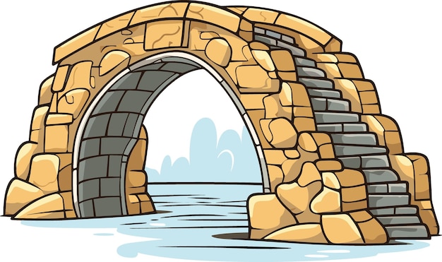 Antiguo puente peatonal de piedra sobre el río vector ilustración en estilo de dibujos animados