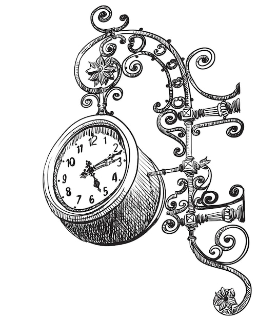 Antiguo reloj de talla, dibujo a mano alzada, ilustración vectorial en color negro aislado sobre fondo blanco.